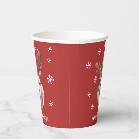 犬のクリスマスフォトと小妖精や小人トナカイのアントラー帽子 紙コップ (右)