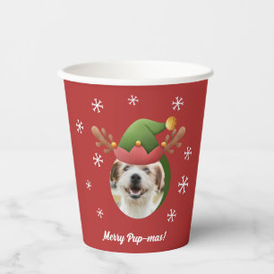 犬のクリスマスフォトと小妖精や小人トナカイのアントラー帽子 紙コップ