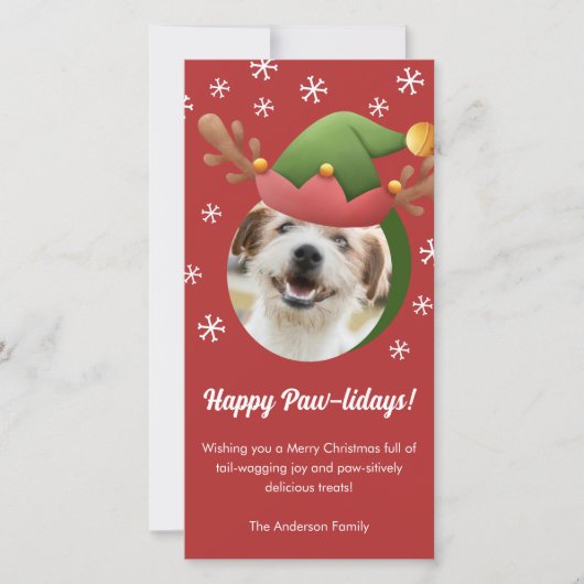 犬のクリスマスフォトと小妖精や小人トナカイ帽子デジタル シーズンカード (正面)