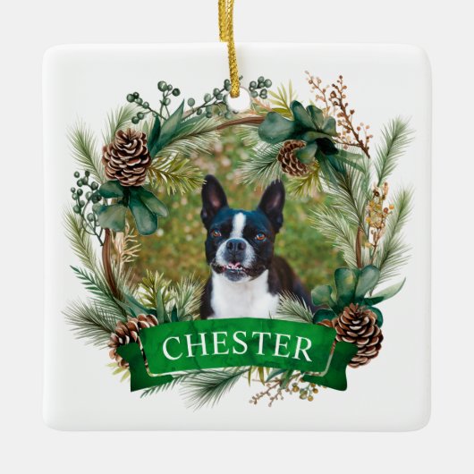 犬のクリスマスリース セラミックオーナメント (正面)