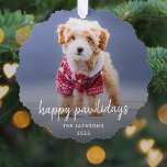 犬のクリスマス |可愛モダンい子犬の幸せな休日 オーナメントカード<br><div class="desc">シンプル、スタイリッシュ写真Happy Pawlidays休日オーナメントとミニマルモダンリスト手書きスクリプトタイポグラフィとシンプル黒グラディエント。あなたの愛するペットと文字の写真は、あなたの特別な毛皮パーソナライズされたの赤ん坊のように簡単にユニークデザインのために！表示される画像はイラストレーション目的のためにのみ自分の写真に置き換えられる。プレースホルダイメージは、美しいクリスマスのセーターを着た愛らしい子犬の姿である。#christmas #dog #puppy #ornament</div>