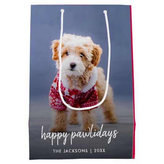 犬のクリスマス |可愛モダンい子犬の幸せな休日 ミディアムペーパーバッグ (裏面)