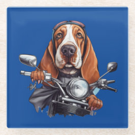 犬のクールバイクもしくは自転車に乗る人、かわいいバスセットハウンドドッグドライバー ガラスコースター