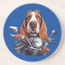 犬のクールバイクもしくは自転車に乗る人、かわいいバスセットハウンドドッグドライバー コースター