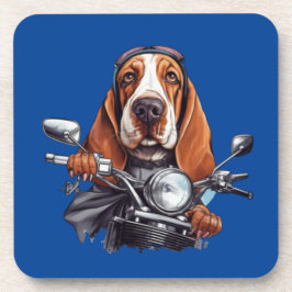 犬のクールバイクもしくは自転車に乗る人、かわいいバスセットハウンドドッグドライバー コースター
