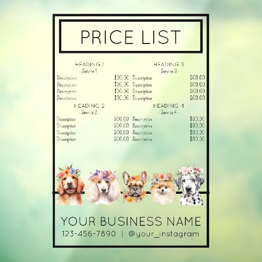 犬のグルーミングフラワーウォーターカラーサービスの価格表 ウィンドウサイン (シート3)