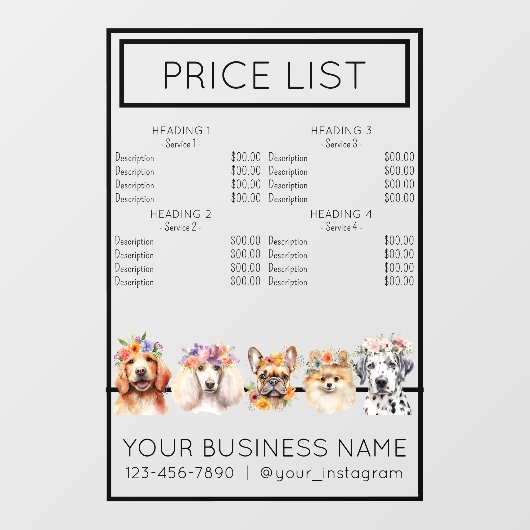 犬のグルーミングフラワーウォーターカラーサービスの価格表 ウィンドウサイン (シート)