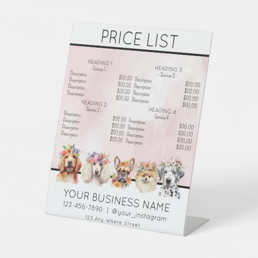 犬のグルーミングフラワーウォーターカラーサービスの価格表 台座サイン (正面)