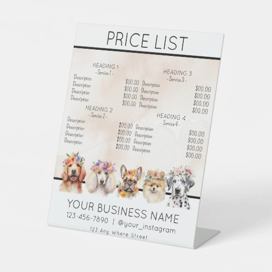 犬のグルーミングフラワーウォーターカラーサービスの価格表 台座サイン (正面)
