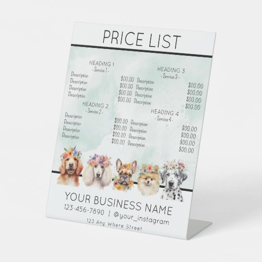 犬のグルーミングフラワーウォーターカラーサービスの価格表 台座サイン (正面)