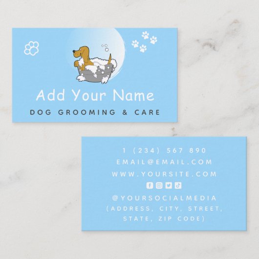 犬のグルーミング気にペットヘアカットかわいいポープリントブルー 名刺 (正面/裏面)
