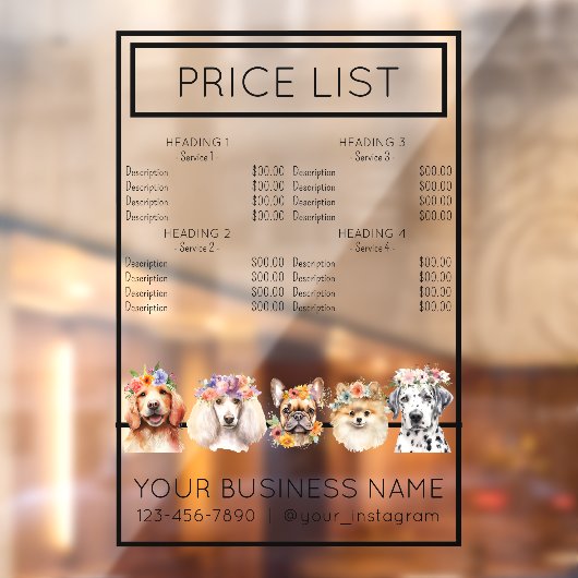 犬のグルーミング 花 水彩画 サービス 価格リスト ウィンドウサイン (シート2)