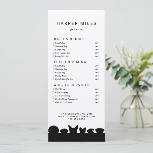 犬のシルエットトリマーの価格表またはサービスカード 招待状 (スタンド正面)