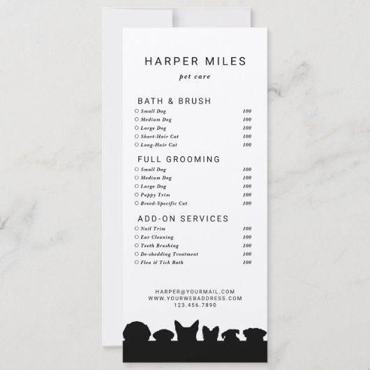 犬のシルエットトリマーの価格表またはサービスカード 招待状 (正面)