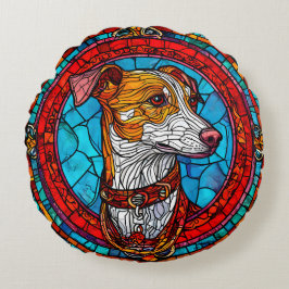 犬のステンドグラスアート ラウンドクッション