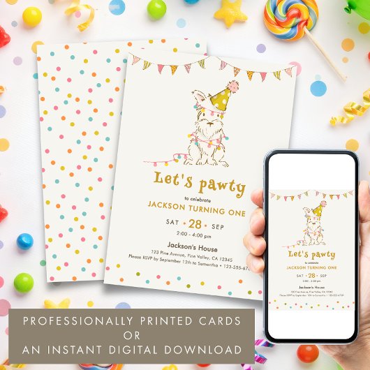 犬のテーマの子供の1歳の誕生日パーティー Let's Pawty 招待状