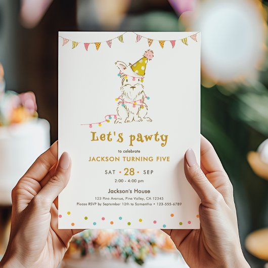 犬のテーマの子供の5歳の誕生日パーティー Let's Pawty 招待状