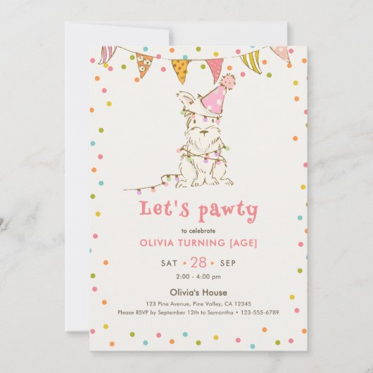 犬のテーマの編集可能な年齢の女の子の誕生日おめでとう Let's Pawty 招待状 (正面)