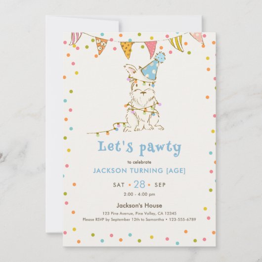 犬のテーマの編集可能な年齢の男の子の誕生日 Let's Pawty 招待状 (正面)