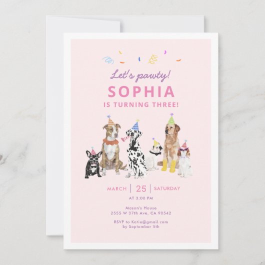 犬のテーマガールパピー誕生日パーティーの招待 招待状 (正面)