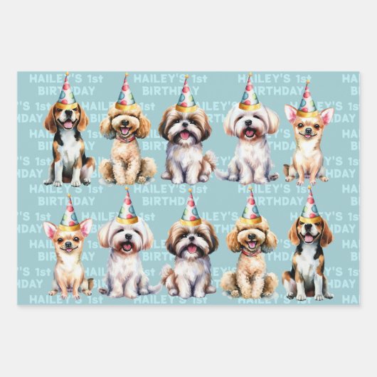 犬のテーマバースデーパーティーブルー ラッピングペーパーシート (正面3)