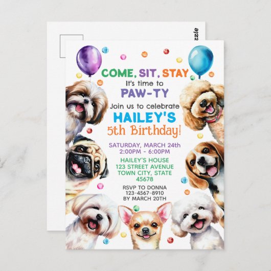 犬のテーマ5th誕生日パーティーへの招待 ポストカード (正面/裏面)