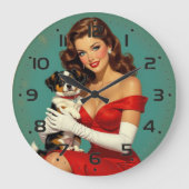 犬のデジタルアートを持つグラマー・ガール ラージ壁時計 (正面)