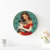 犬のデジタルアートを持つグラマー・ガール ラージ壁時計 (ホーム)