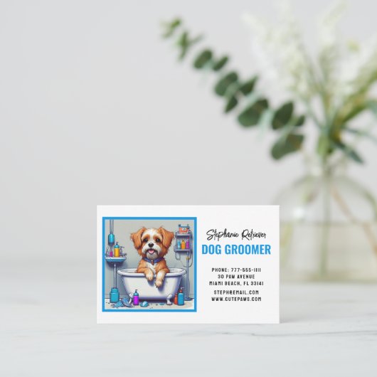 犬のトリマーかわいい子犬の青 名刺 (スタンド正面)