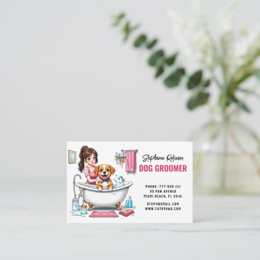 犬のトリマーかわいい子犬 名刺 (スタンド正面)