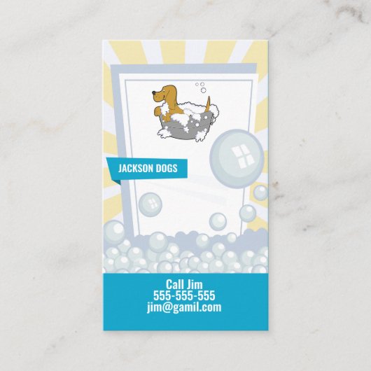 犬のトリマーがペット用洗車器を犬が洗う 名刺 (正面)