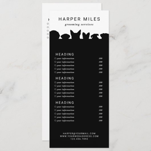 犬のトリマーシルエット価格リストまたはサービスカード 招待状 (正面/裏面)