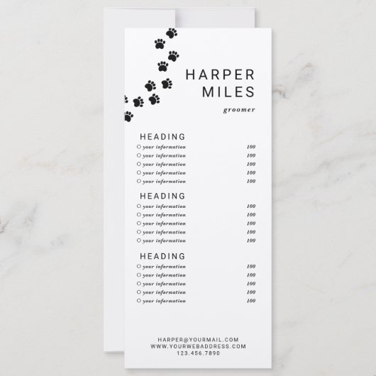 犬のトリマーポーパスの価格リストまたはサービスカード 招待状 (正面)