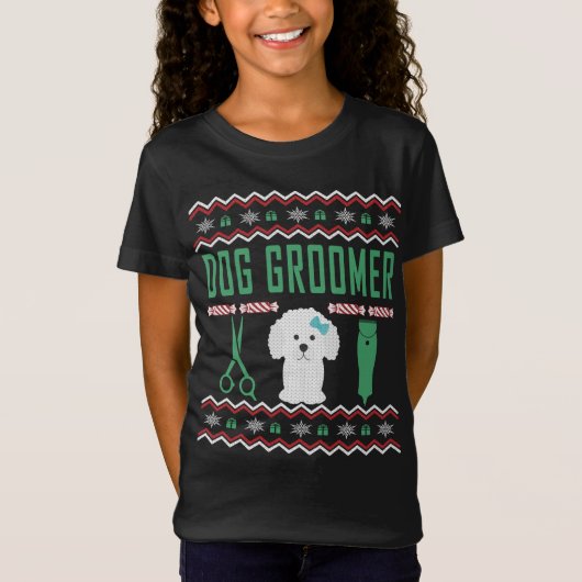 犬のトリマー醜いクリスマスセーター Tシャツ (正面)