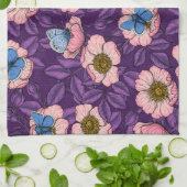 犬のバラとピンクと紫の蝶 キッチンタオル (折り畳み)