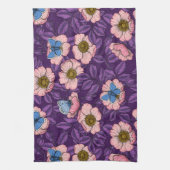 犬のバラとピンクと紫の蝶 キッチンタオル (縦)