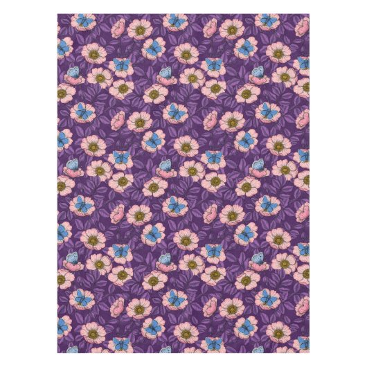 犬のバラとピンクと紫の蝶 テーブルクロス (正面)