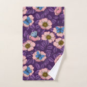 犬のバラとピンクと紫の蝶 バスタオルセット (ハンドタオル)