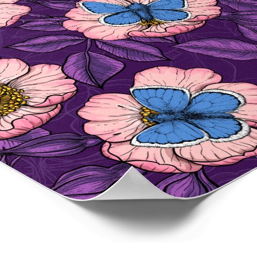 犬のバラとピンクと紫の蝶 ポスター (角)