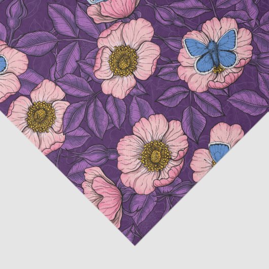 犬のバラとピンクと紫の蝶 薄葉紙 (詳細)