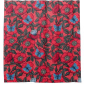 犬のバラと赤と青の蝶 シャワーカーテン (正面)