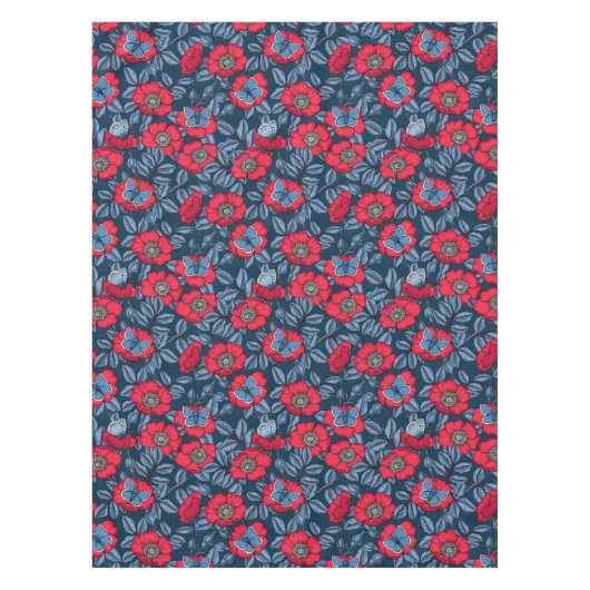 犬のバラと青と赤の蝶 テーブルクロス (正面)