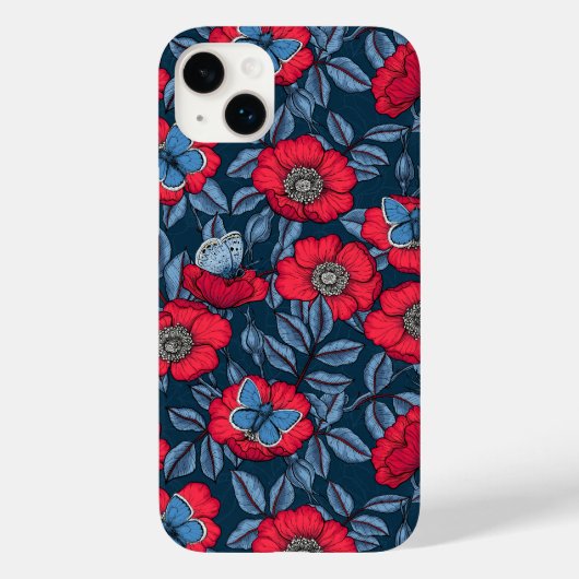犬のバラと青と赤の蝶 Case-Mate iPhoneケース (裏面)