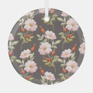 犬のバラ水色：ダークフローラルパターン ガラスオーナメント