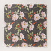 犬のバラ水色:ダークフローラルパターン ジグソーパズル (横)