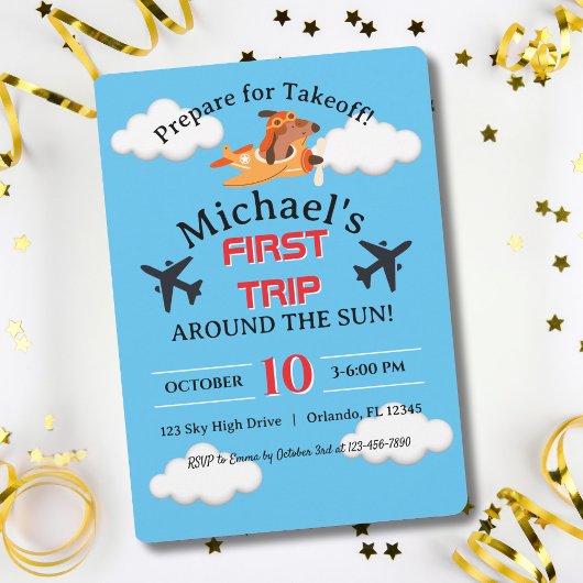犬のパイロットが飛行機を飛ばす、かわいい楽しい子供の誕生日 招待状