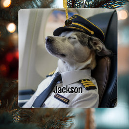犬のパイロットと飛行機の面白い航空クリスマスの楽しみ セラミックオーナメント