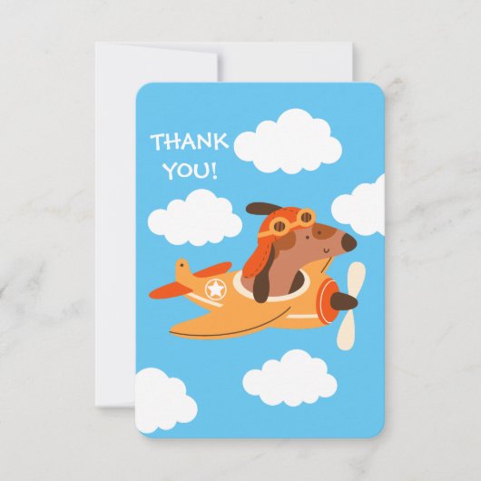 犬のパイロット飛んでいる飛行機、かわいいおもしろい子供の誕生日 サンキューカード (正面)