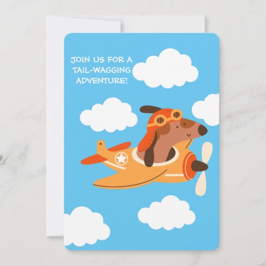 犬のパイロット飛んでいる飛行機、かわいいおもしろい子供の誕生日 招待状 (正面)