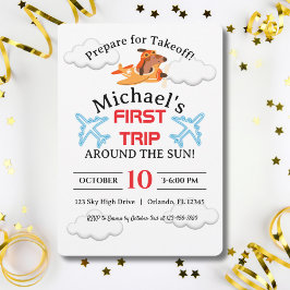 犬のパイロット飛んでいる飛行機、かわいいおもしろい子供の誕生日 招待状